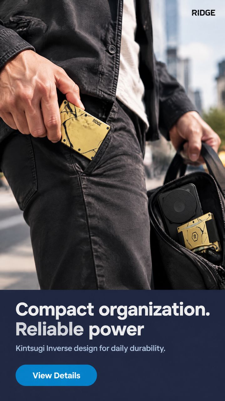 Real-life use ad for ridge.com (Ridge Wallet + Power Bank + KeyCase - Kintsugi - Inverse + M), headline: Compact organization. Reliable power