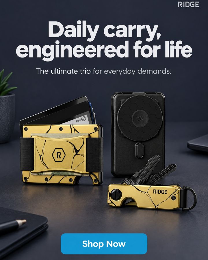 Main benefit ad for ridge.com (Ridge Wallet + Power Bank + KeyCase - Kintsugi - Inverse + M), headline: Daily carry, engineered for life