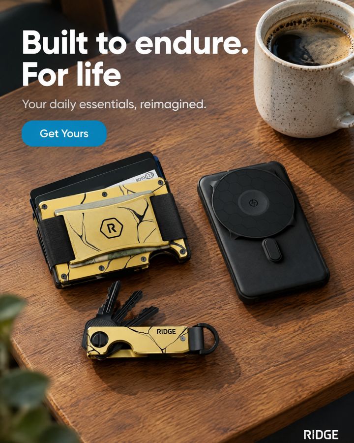 Native post ad for ridge.com (Ridge Wallet + Power Bank + KeyCase - Kintsugi - Inverse + M), headline: Built to endure. For life