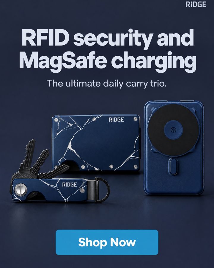 Main benefit ad for ridge.com (Ridge Wallet + Power Bank + KeyCase - Kintsugi - Navy + Dark), headline: RFID security and MagSafe charging