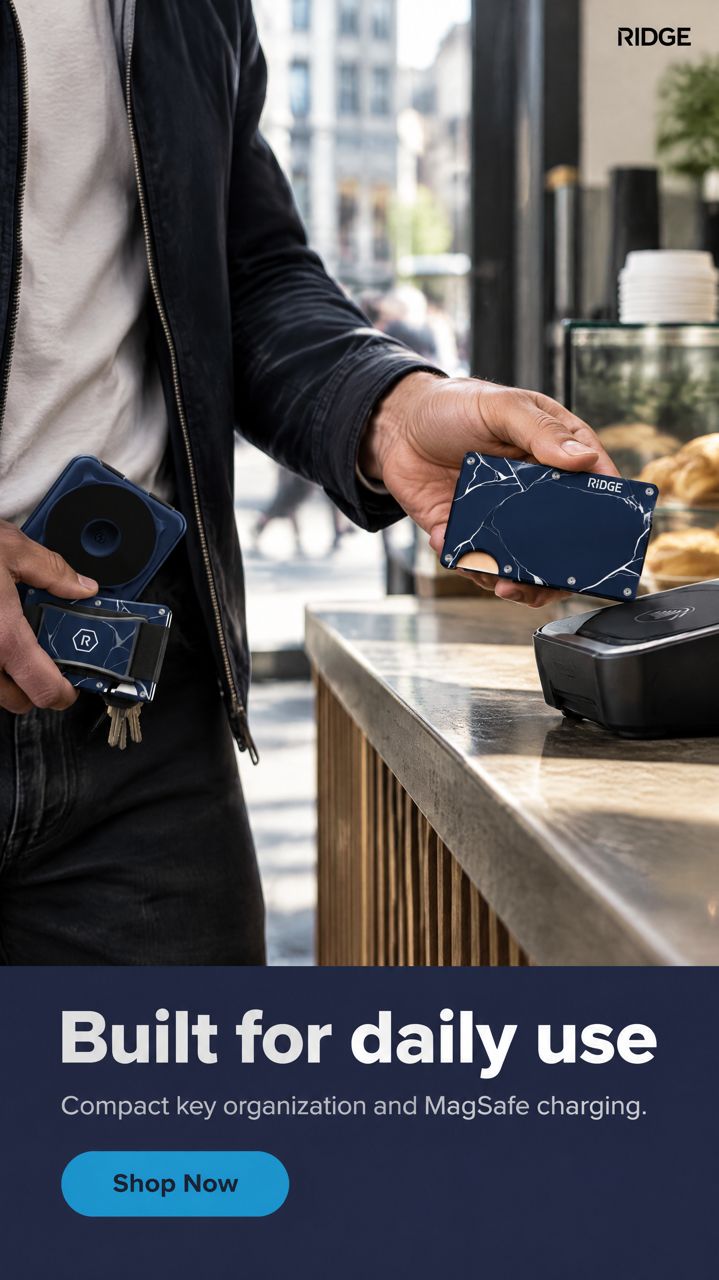 Real-life use ad for ridge.com (Ridge Wallet + Power Bank + KeyCase - Kintsugi - Navy + Dark), headline: Built for daily use