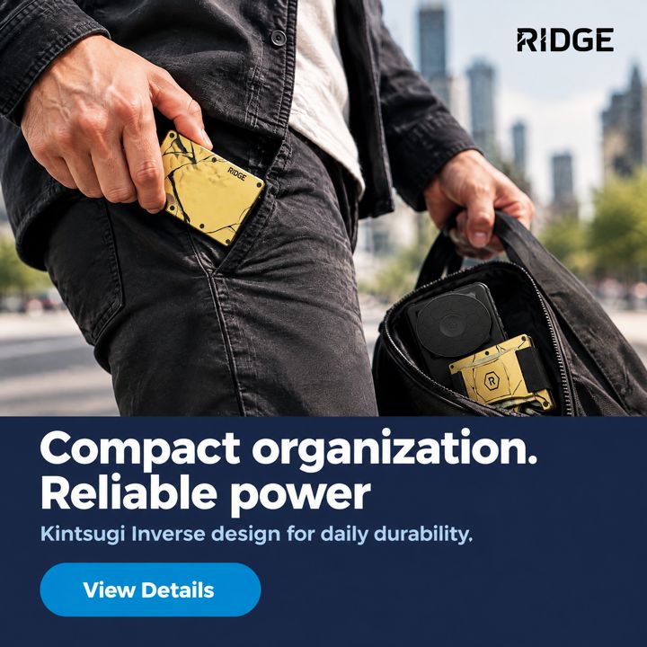 Real-life use ad for ridge.com (Ridge Wallet + Power Bank + KeyCase - Kintsugi - Inverse + M), headline: Compact organization. Reliable power