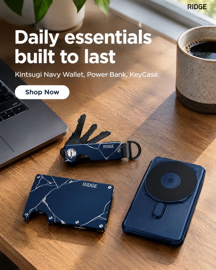 Native post ad for ridge.com (Ridge Wallet + Power Bank + KeyCase - Kintsugi - Navy + Dark), headline: Daily essentials built to last