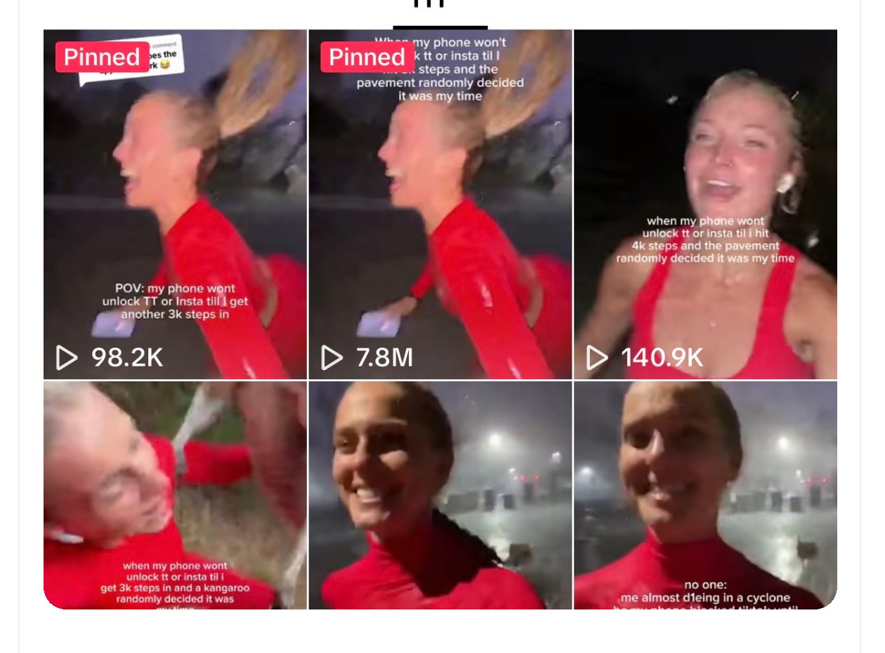 Source TikTok profile grid showing a viral rainy running format