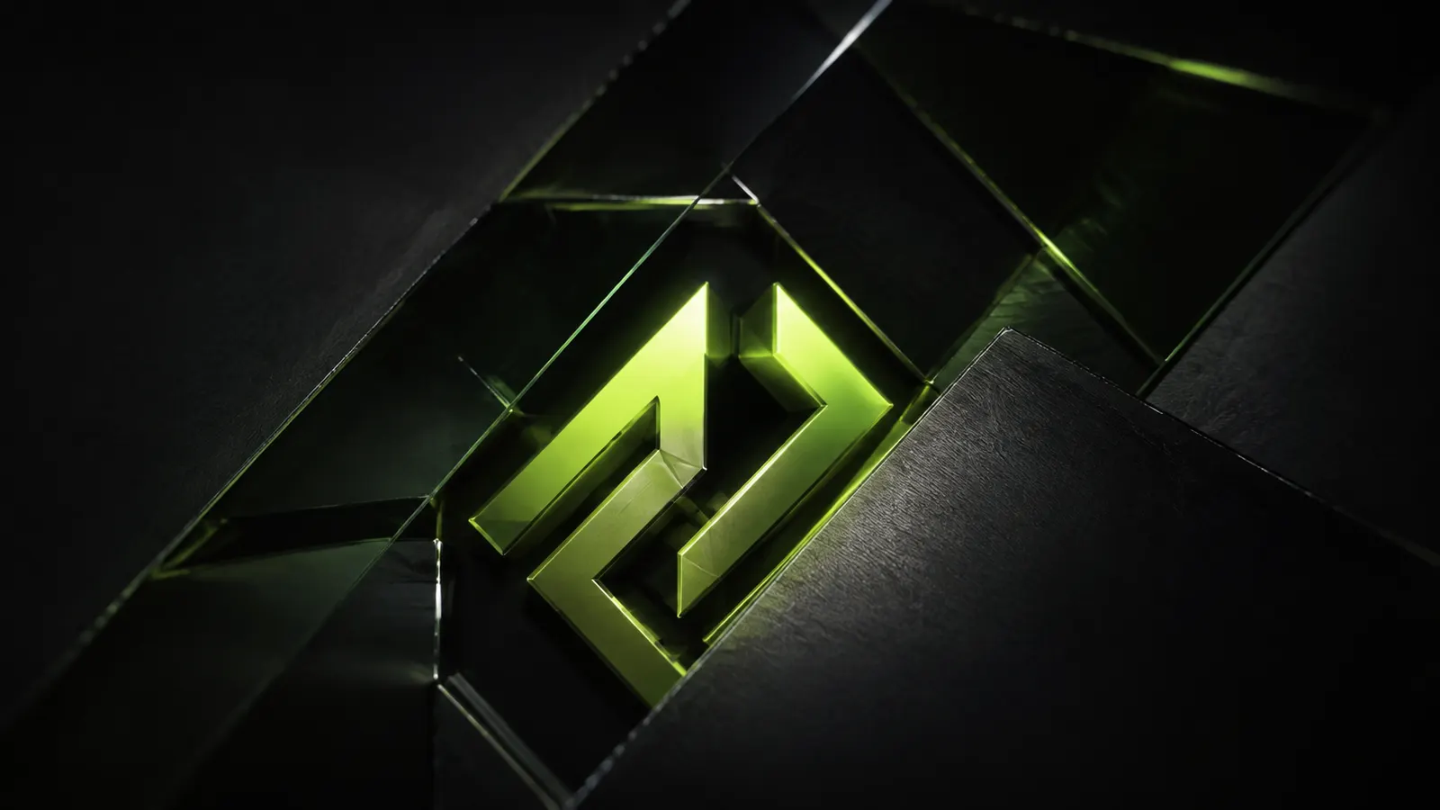An original lime geometric mark emerging from black glass and brushed metal
