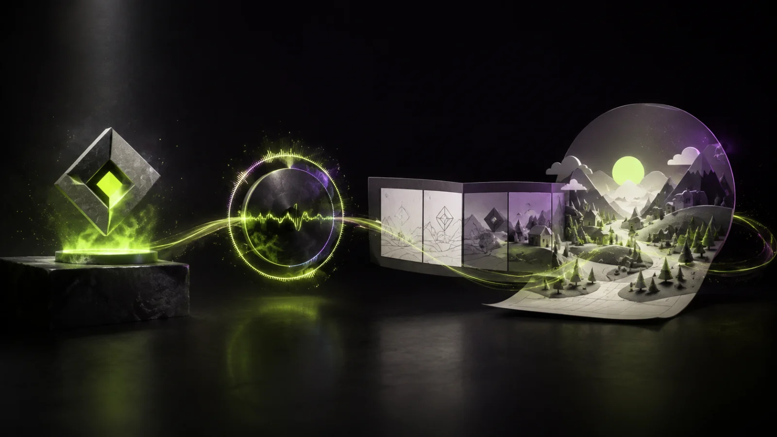 A logo, audio loop, storyboard and paper world connected by one luminous motion path