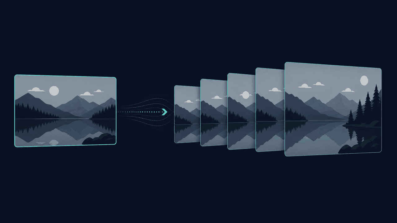 One uploaded still image on the left feeding a sequence of generated video frames on the right