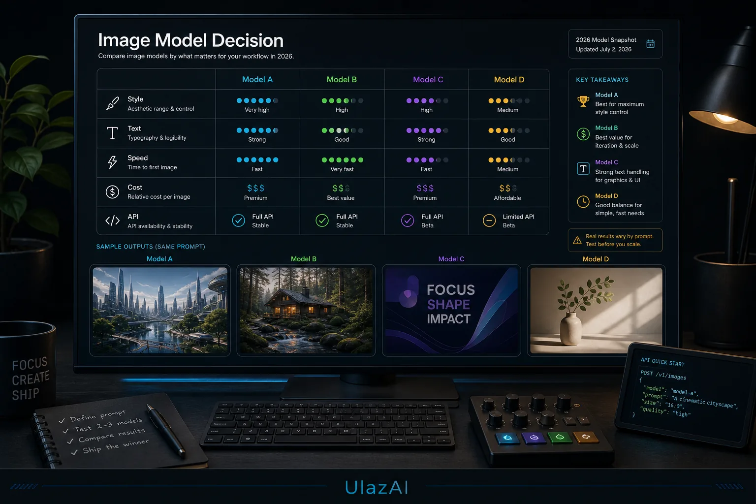 UlazAI image model decision matrix comparing style, text rendering, speed, cost and API routes