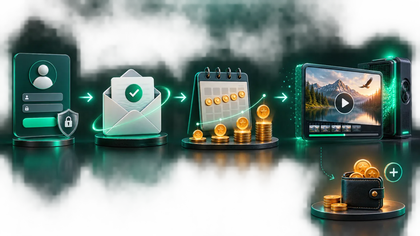 A new account starts with 5 credits. 1 credit accrues for each day the account exists, up to 20. Credits can be used only after email verification. Accrual pauses if you do not log in for more than 1 days. A Veo 3.1 Fast render costs 100 credits, so the welcome balance cannot fund that Veo render. Top up before rendering.