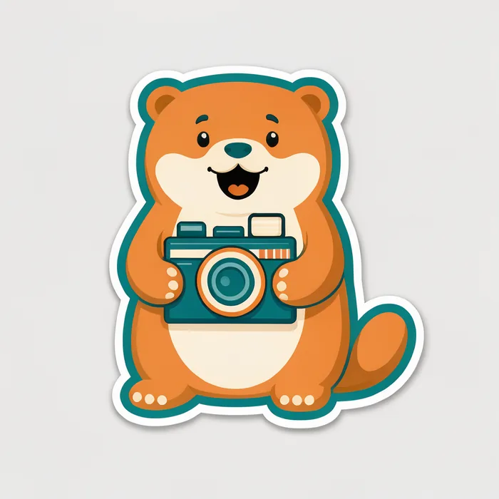 Sticker of a cartoon animal holding a film camera, variation 1