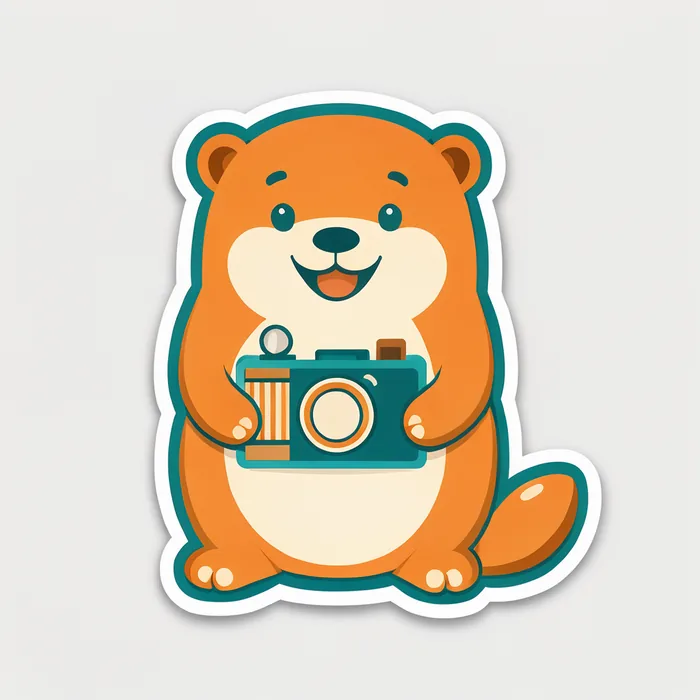 Sticker of a cartoon animal holding a film camera, variation 2