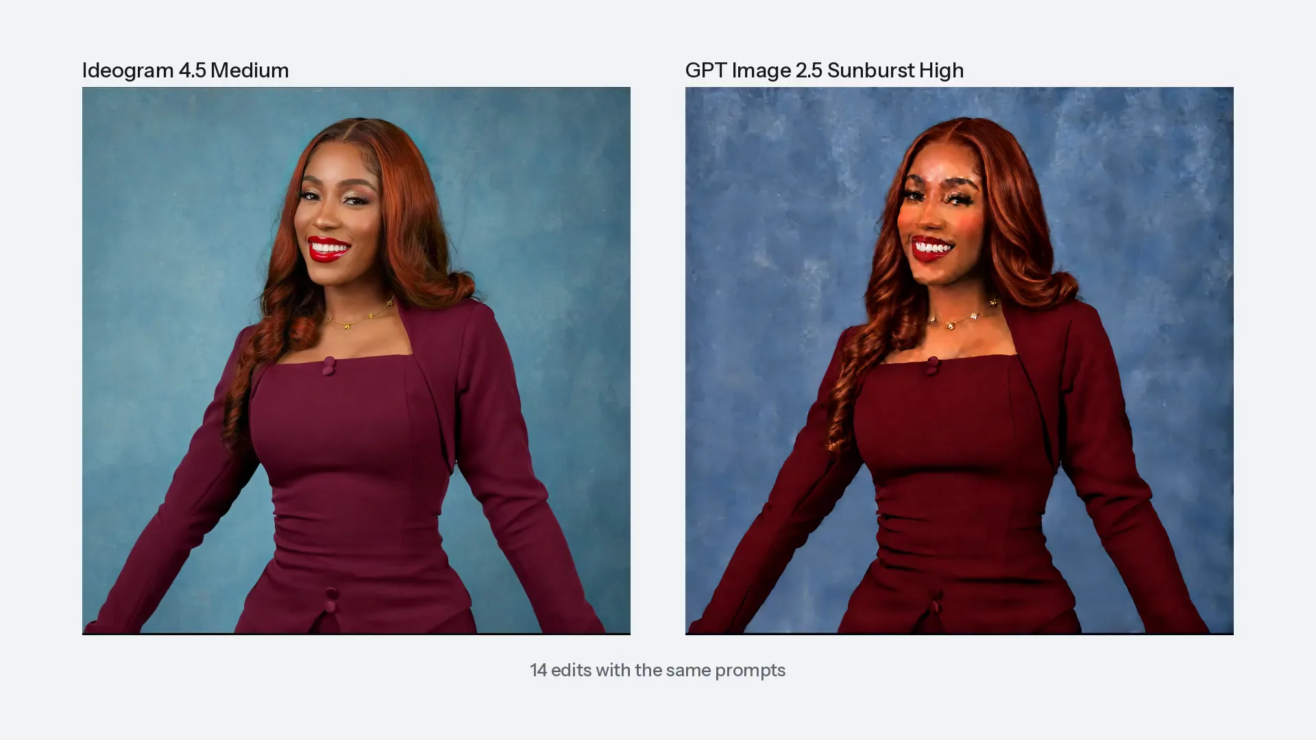 Portrait of a woman in a burgundy dress after 14 edits: natural on the left with Ideogram 4.5, orange skin and harsh contrast on the right with GPT Image 2.5 Sunburst