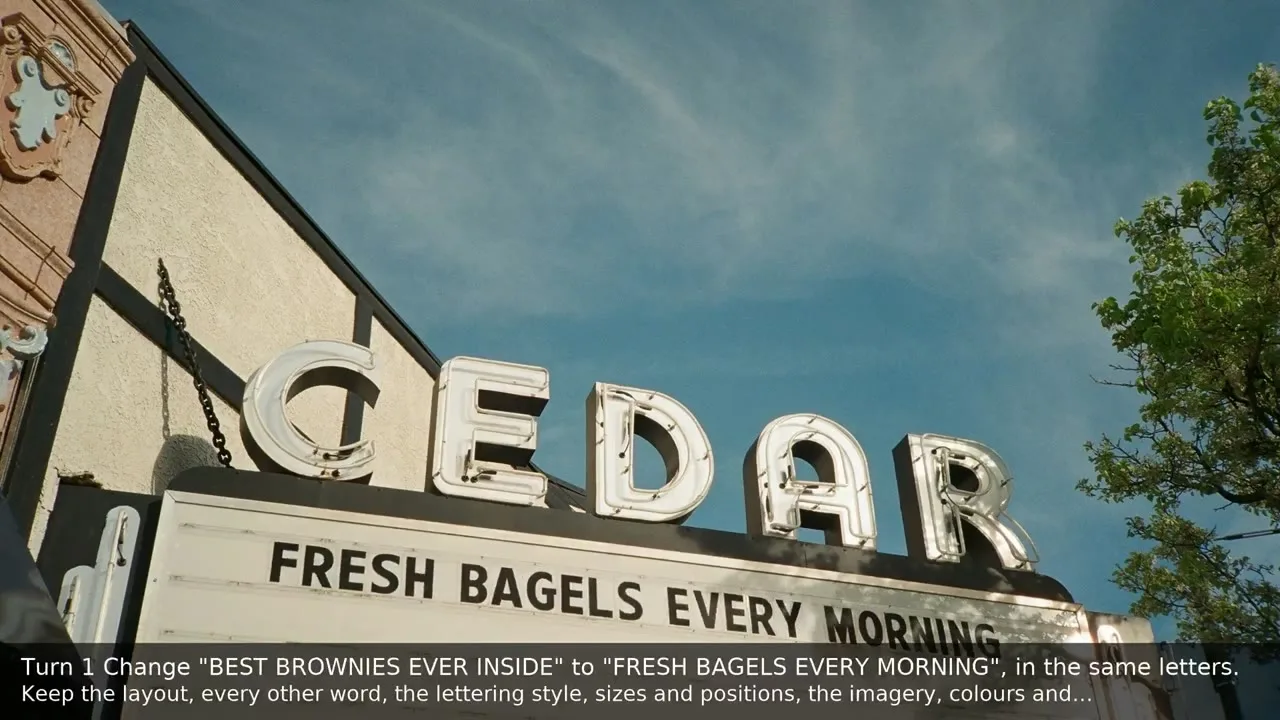 Theatre front reading Cedar and Fresh bagels every morning, next to the same front reading Maple with the French text Bagels frais chaque matin