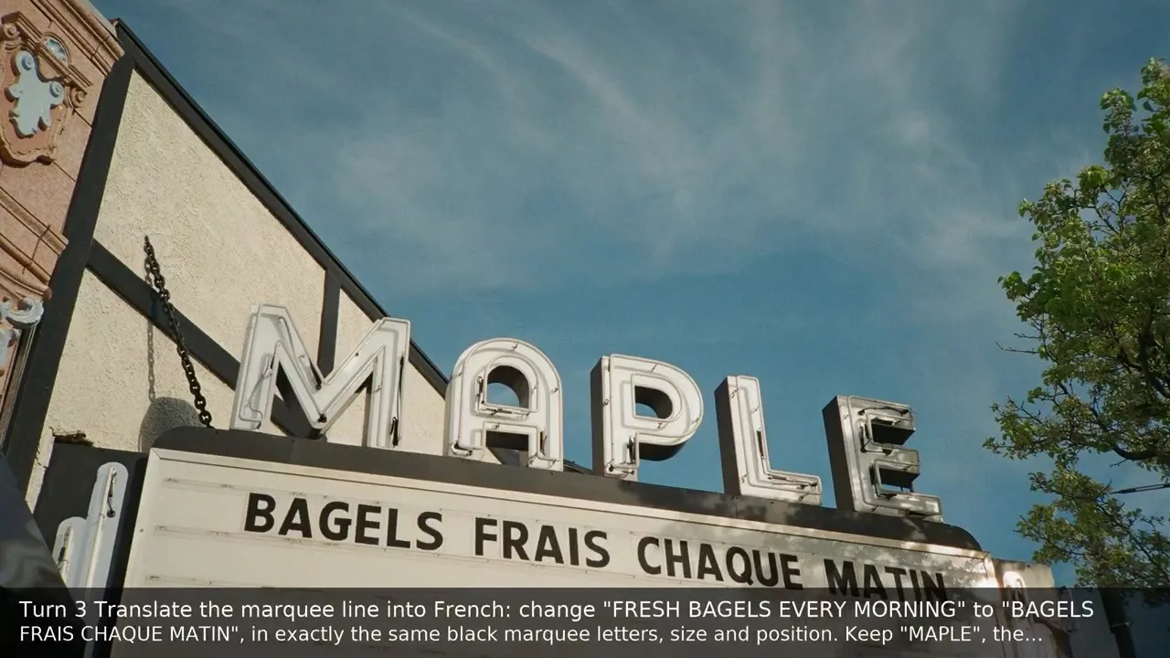Theatre front reading Cedar and Fresh bagels every morning, next to the same front reading Maple with the French text Bagels frais chaque matin