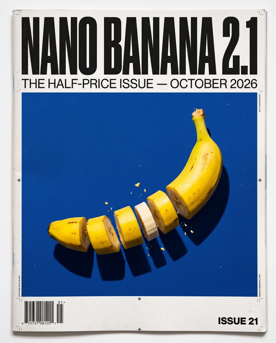 Nano Banana 2.1 magazine cover with a sliced banana on cobalt blue