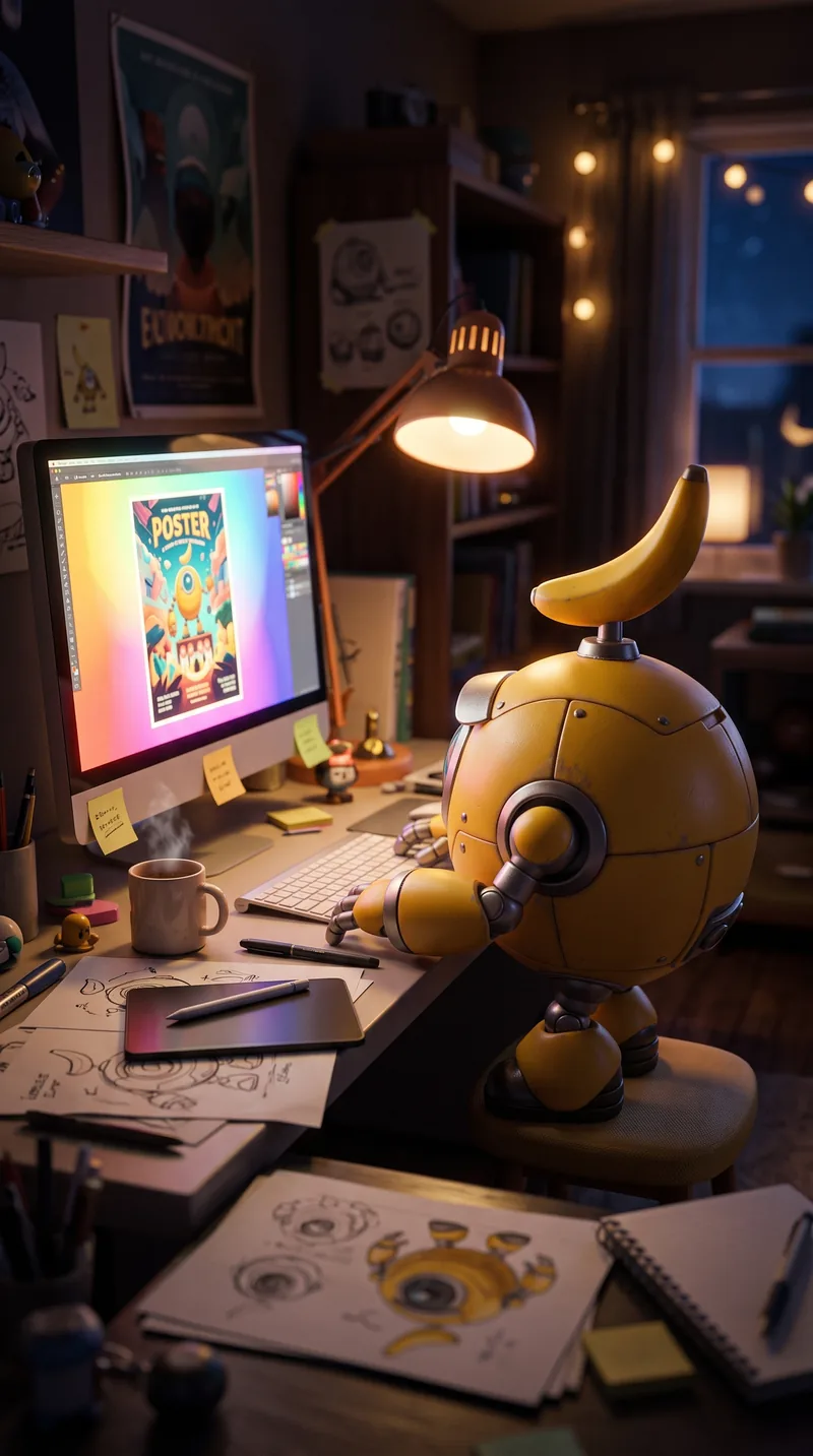 The same robot mascot at a creative desk at night