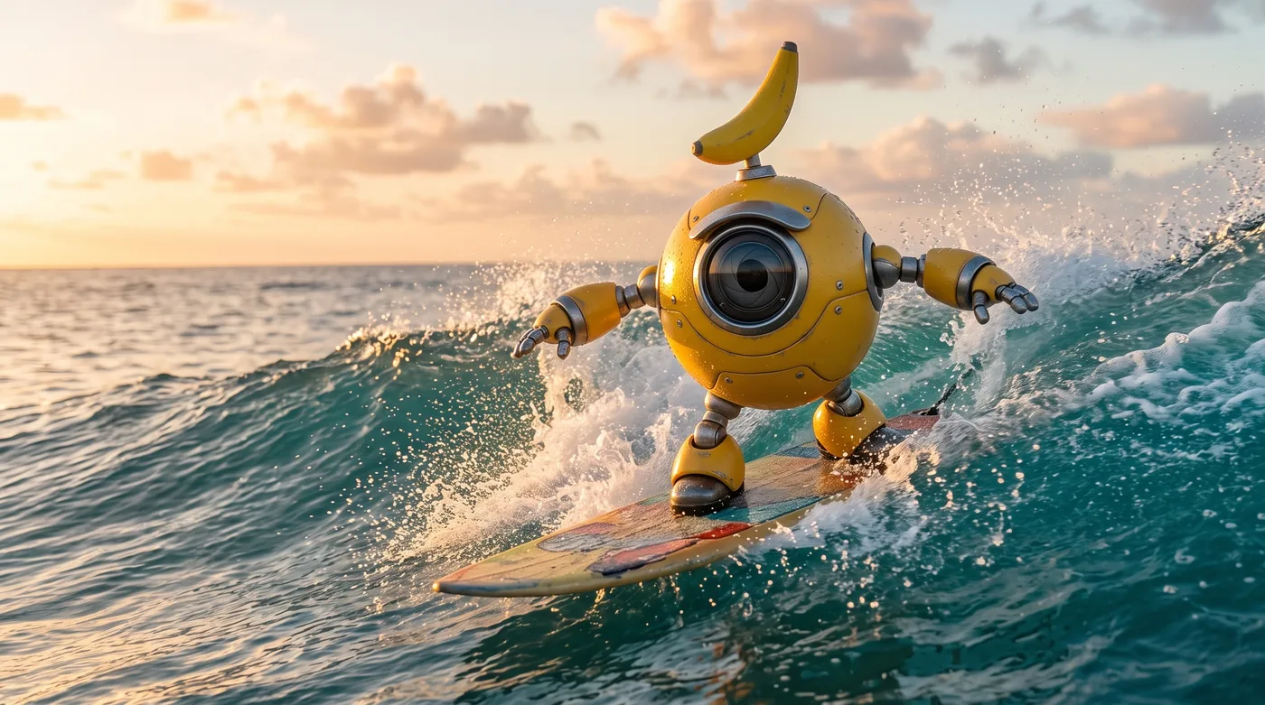 The same robot mascot surfing a turquoise wave at golden hour