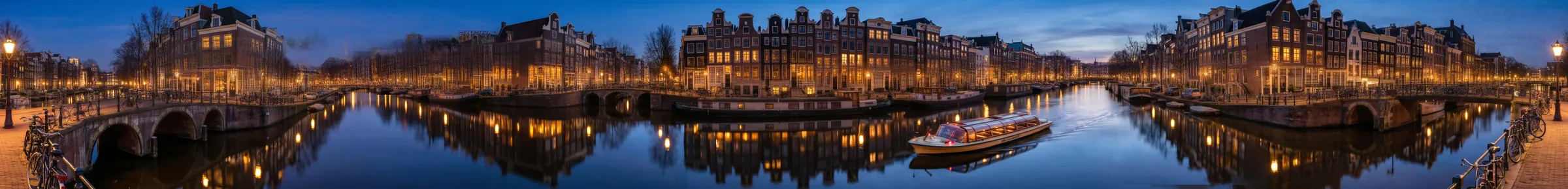 8:1 panorama of Amsterdam canal houses at blue hour, made with Nano Banana 2.1