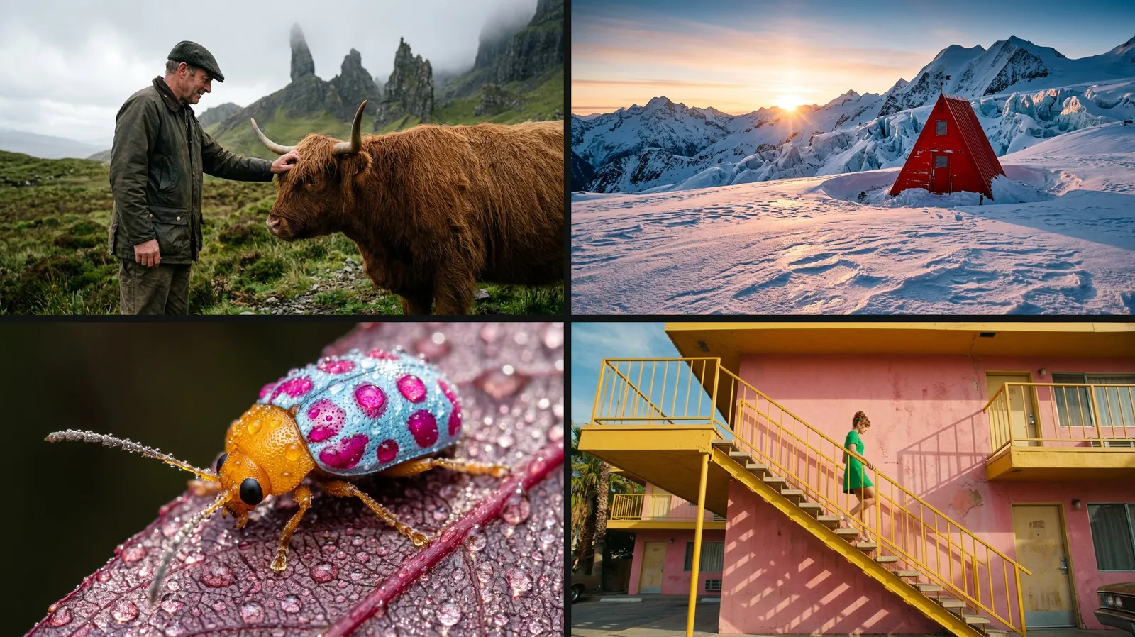 Google's four launch images for Nano Banana 2.1: a farmer with a Highland cow, a red mountain hut in the snow, a macro of a beetle and a woman on a motel staircase.