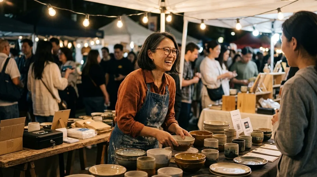 Nano Banana 2.1 keeps the same ceramicist recognisable at a pottery wheel, at a night market and on a painted magazine cover.