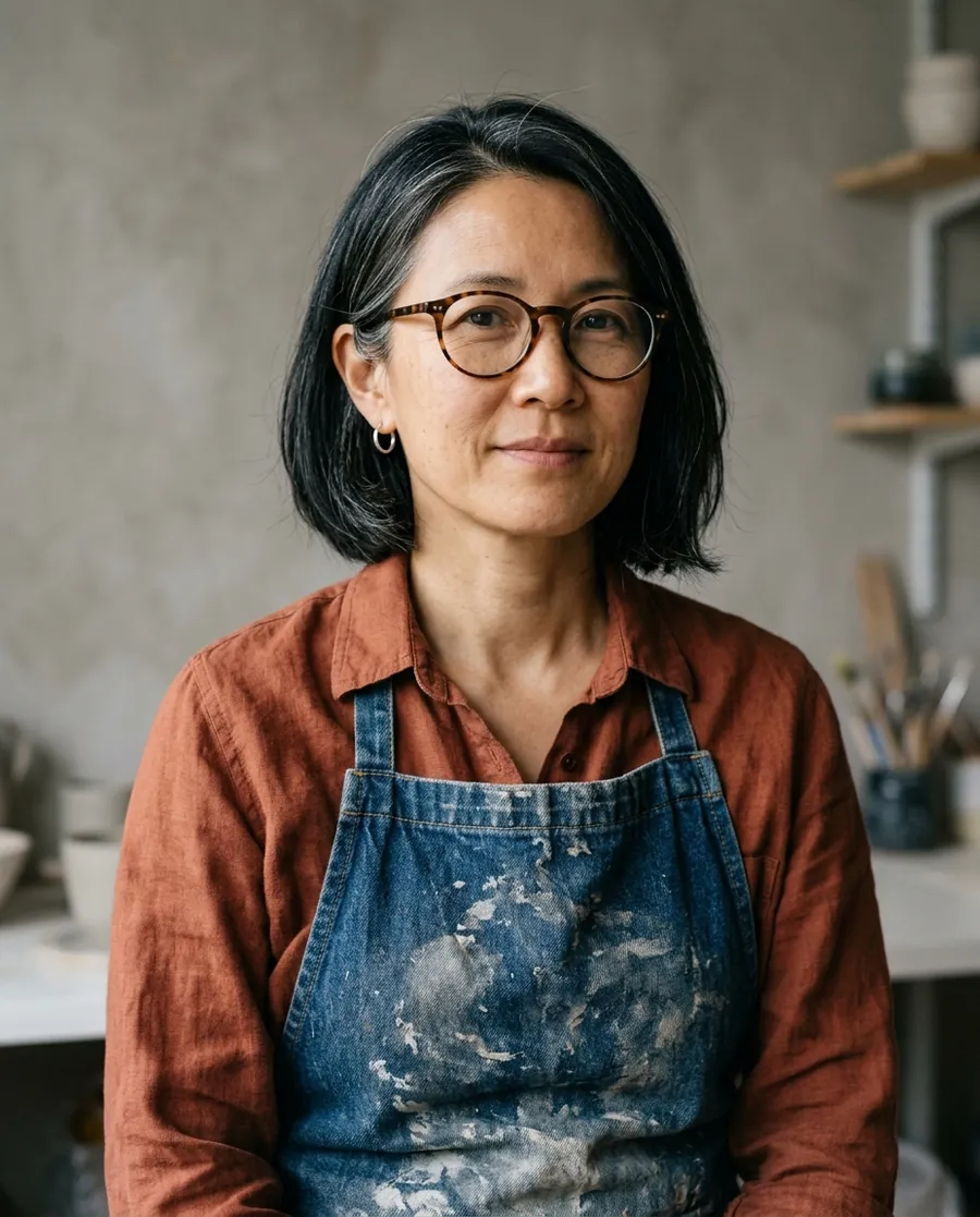 Reference portrait of a fictional ceramicist with a grey-streaked bob, round glasses and a denim apron, made by Nano Banana 2.1.