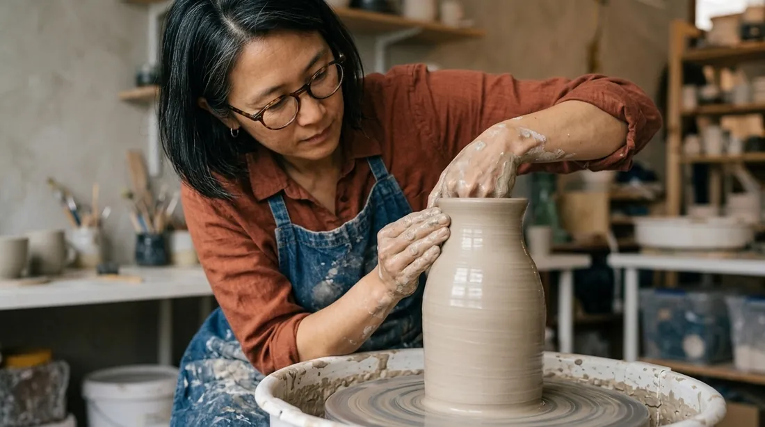 Nano Banana 2.1 keeps the same ceramicist recognisable at a pottery wheel, at a night market and on a painted magazine cover.