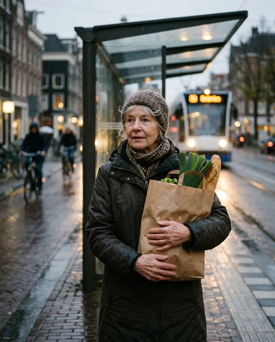 Source photo for the mask test: older woman with a paper grocery bag at a tram stop, made by Nano Banana 2.1.