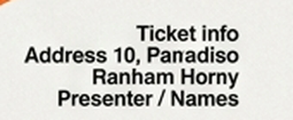 Zoomed-in fine print from the Nano Banana 2.1 poster reading Ticket info, Address 10, Panadiso, Ranham Horny, Presenter / Names.