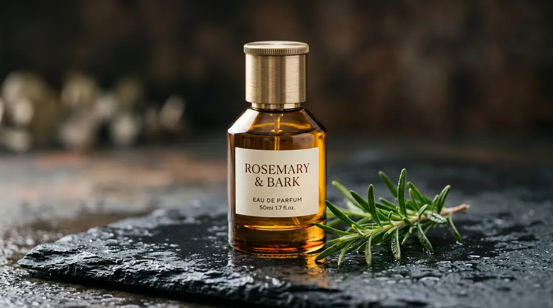Amber perfume bottle with a brass cap on wet slate next to rosemary, generated by three Nano Banana models. (Nano Banana 2)
