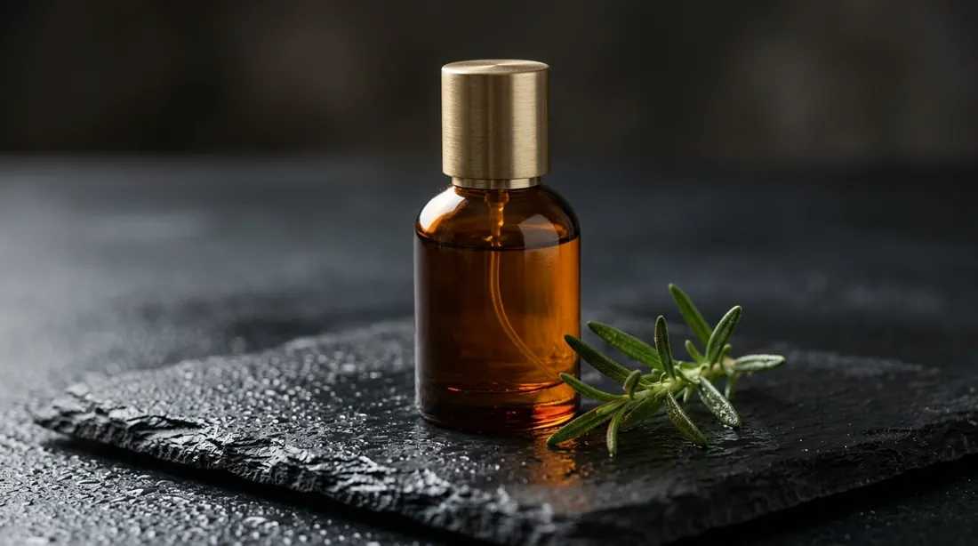 Amber perfume bottle with a brass cap on wet slate next to rosemary, generated by three Nano Banana models. (Nano Banana 2.1)