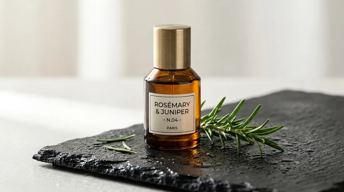 Amber perfume bottle with a brass cap on wet slate next to rosemary, generated by three Nano Banana models. (Nano Banana Pro)