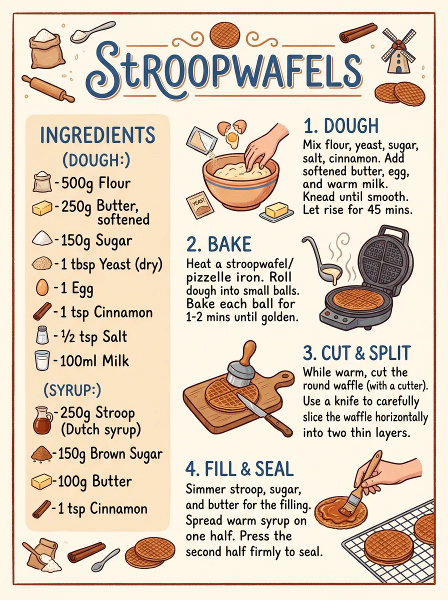 Illustrated stroopwafel recipe card in three versions. NB 2 has the most complete ingredient list with amounts. (Nano Banana 2)