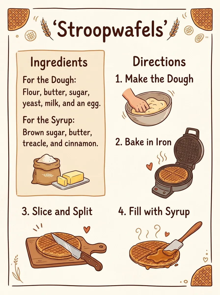 Illustrated stroopwafel recipe card in three versions. NB 2 has the most complete ingredient list with amounts. (Nano Banana 2.1)
