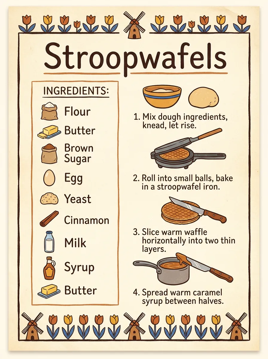 Illustrated stroopwafel recipe card in three versions. NB 2 has the most complete ingredient list with amounts. (Nano Banana Pro)