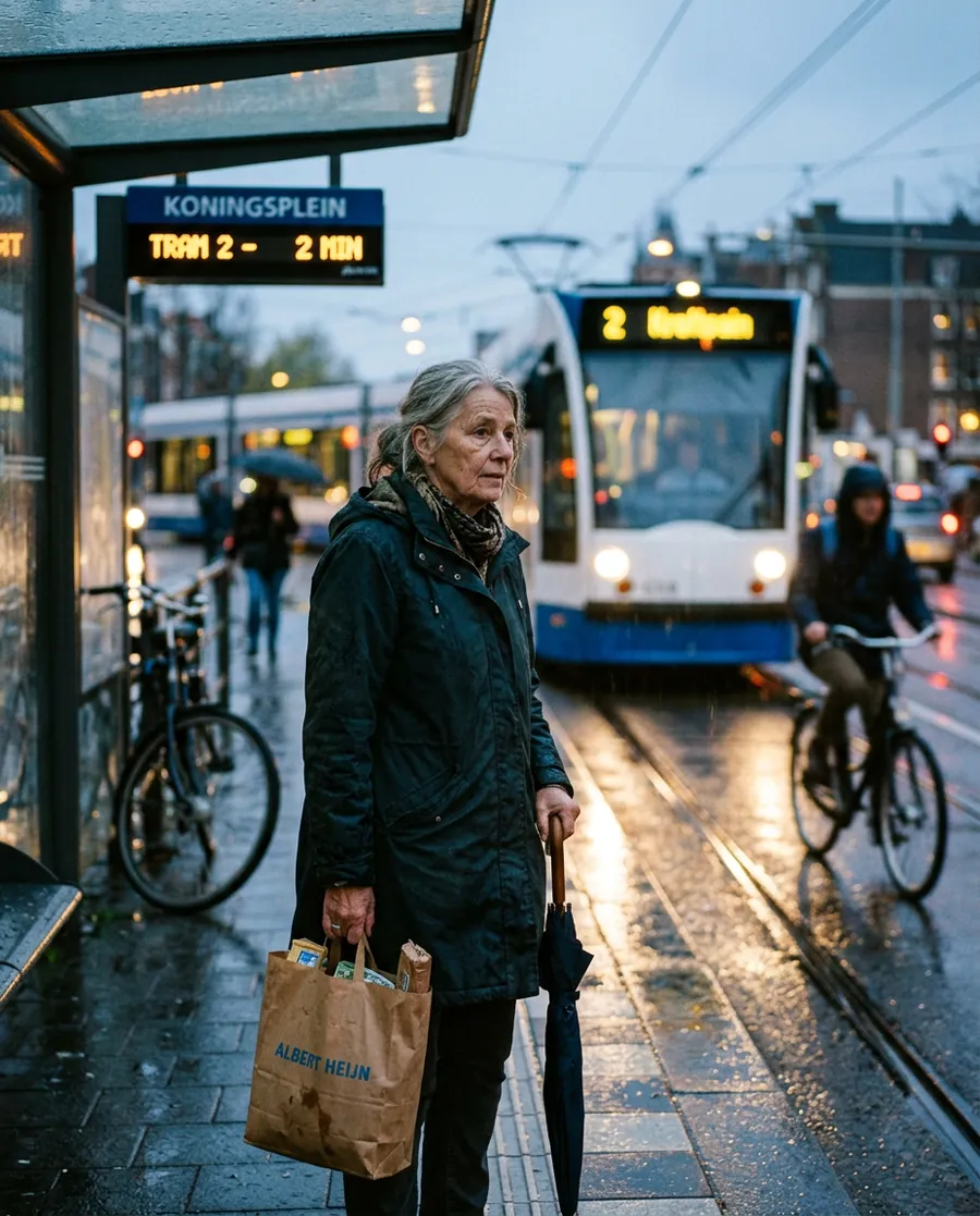 Older woman with a paper grocery bag at an Amsterdam tram stop in the rain, generated by Nano Banana 2.1, Nano Banana 2 and Nano Banana Pro. (Nano Banana 2)