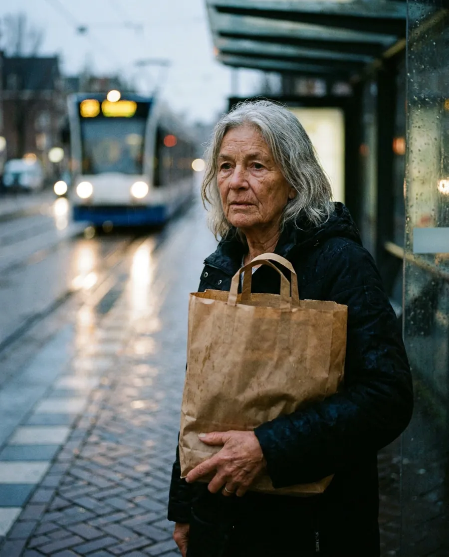 Older woman with a paper grocery bag at an Amsterdam tram stop in the rain, generated by Nano Banana 2.1, Nano Banana 2 and Nano Banana Pro. (Nano Banana Pro)