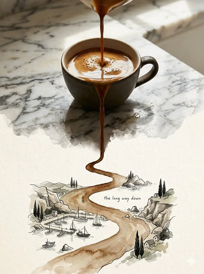 Espresso pouring into a cup that turns into an ink drawing of a winding road, by Nano Banana 2.1.