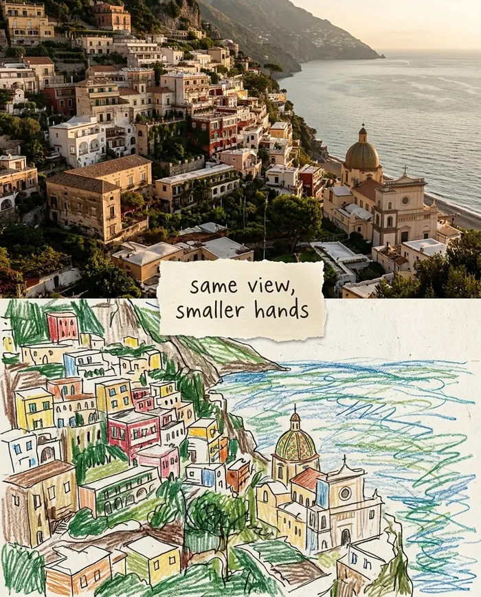 The same coastal town twice: a photo on top and a colour-pencil drawing below with a note reading same view, smaller hands.