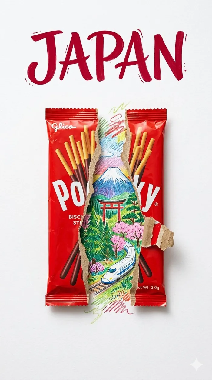 Poster with the word Japan and a pack of Pocky with Mount Fuji illustrated on the packaging.