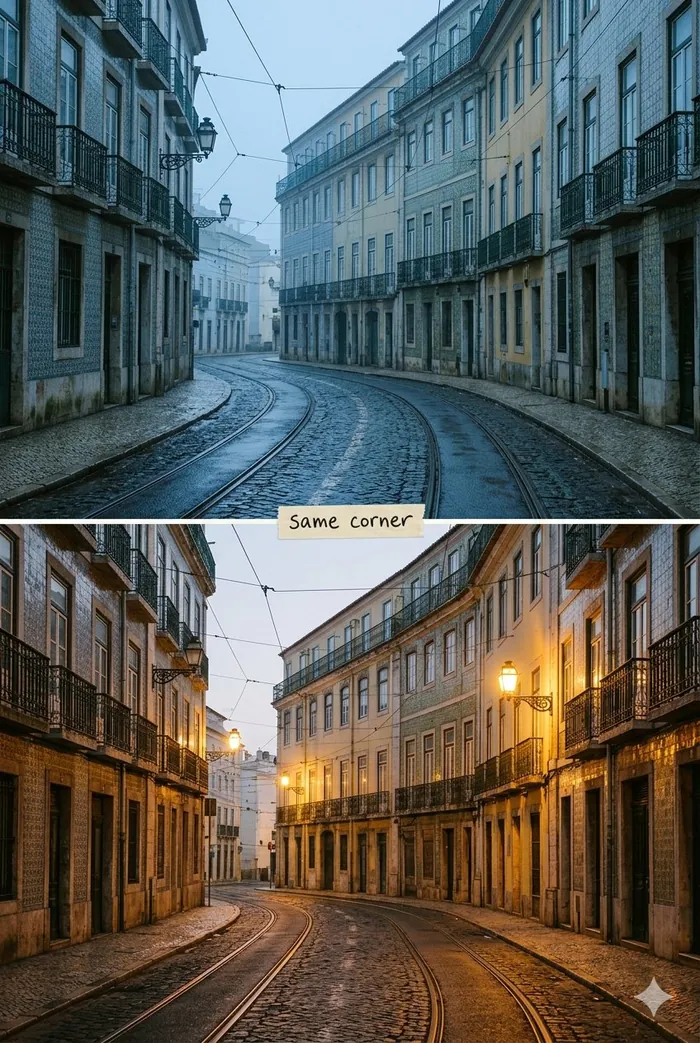 The same cobbled street corner in Lisbon by day and at dusk with the note same corner.