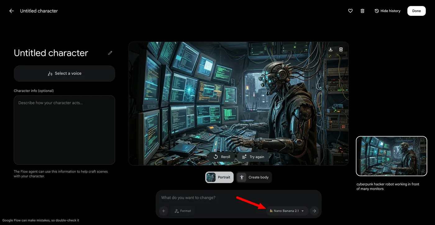 Screenshot of Google Flow with Nano Banana 2.1 selected in the model picker under a generated cyberpunk robot image.