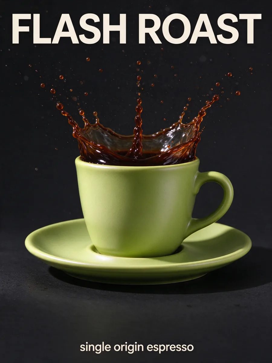 Coffee poster with the headline FLASH ROAST and a green espresso cup with a frozen coffee splash