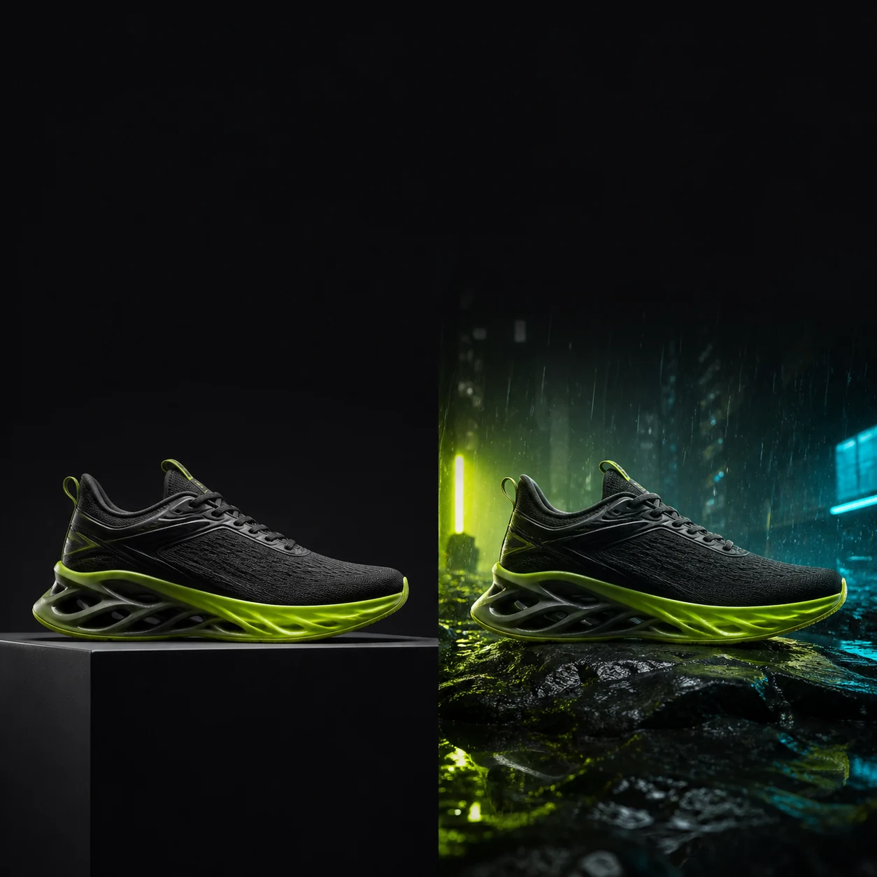 The same running shoe shown in a clean product shot and a detailed cinematic campaign scene.