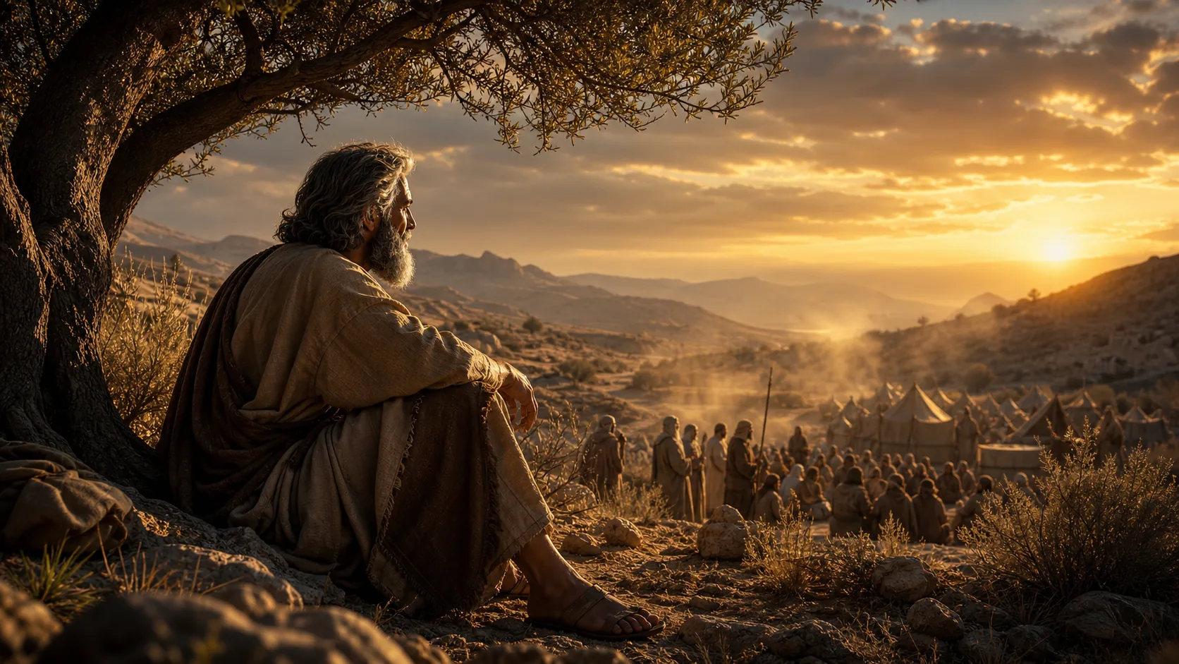 AI-generated biblical story video still with a prophet in a dawn wilderness scene
